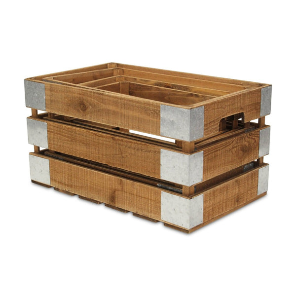 HomeRoots Set of Four Rustic Solid Wood and Metal Crates - Stylish Storage for Home Organization & Decor 487684