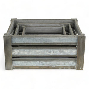 HomeRoots Set of Three Gray Solid Wood and Metal Crates for Stylish Organization in Any Room or Space 487690