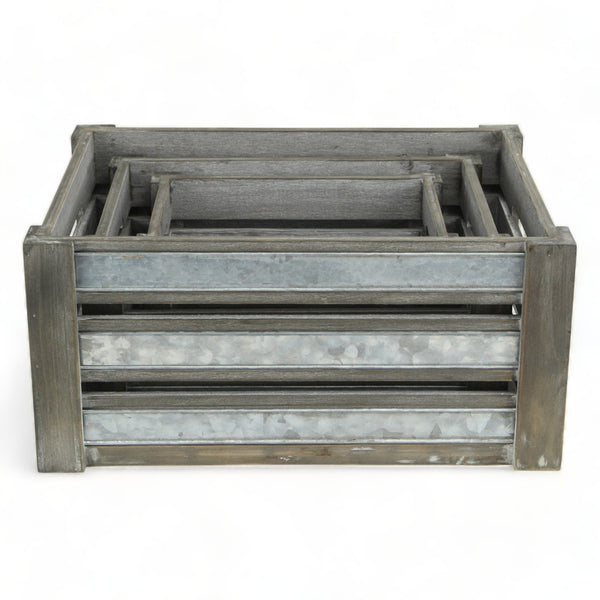 HomeRoots Set of Three Gray Solid Wood and Metal Crates for Stylish Organization in Any Room or Space 487690