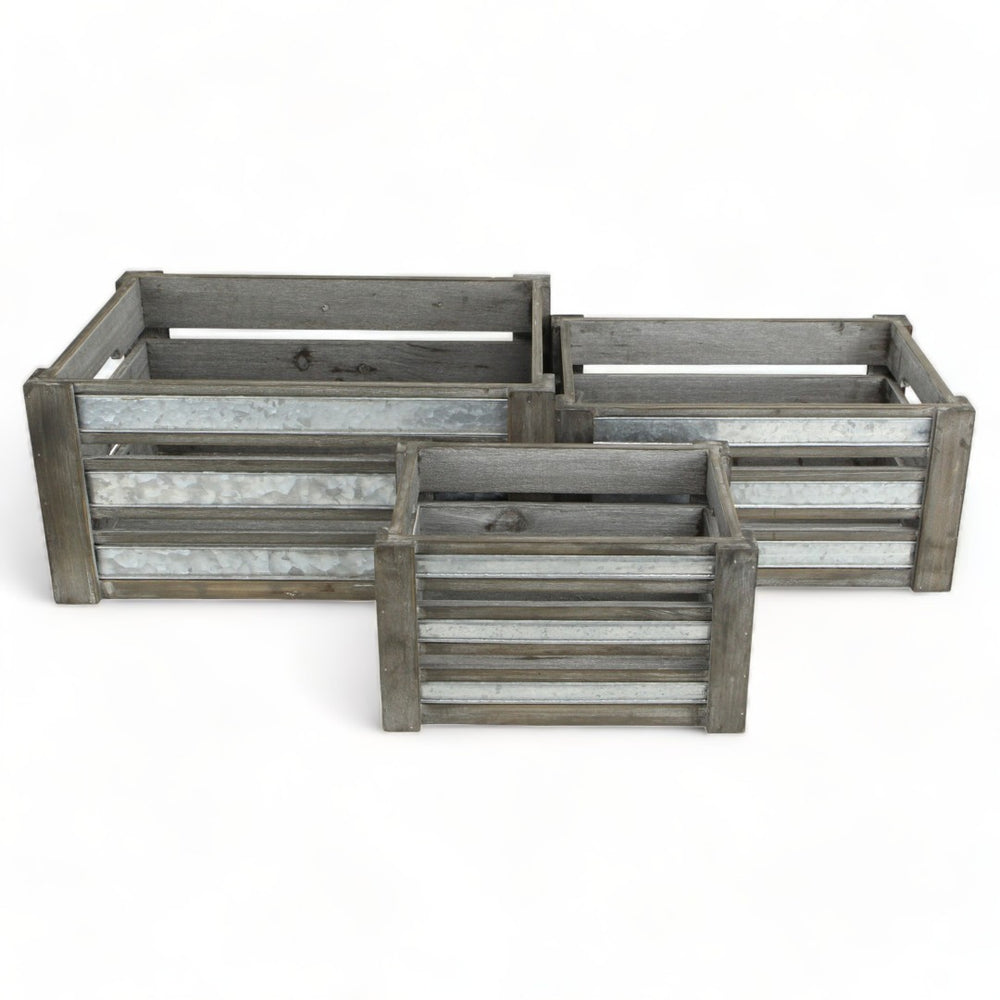 HomeRoots Set of Three Gray Solid Wood and Metal Crates for Stylish Organization in Any Room or Space 487690