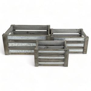 HomeRoots Set of Three Gray Solid Wood and Metal Crates for Stylish Organization in Any Room or Space 487690