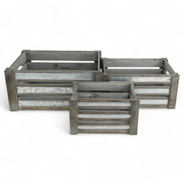 HomeRoots Set of Three Gray Solid Wood and Metal Crates for Stylish Organization in Any Room or Space 487690