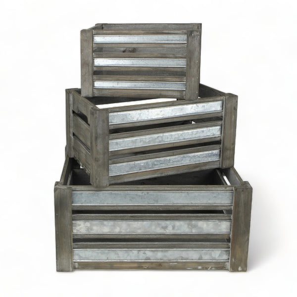 HomeRoots Set of Three Gray Solid Wood and Metal Crates for Stylish Organization in Any Room or Space 487690