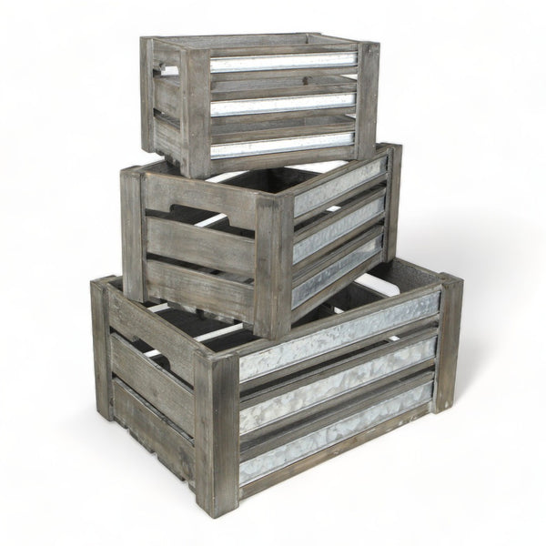 HomeRoots Set of Three Gray Solid Wood and Metal Crates for Stylish Organization in Any Room or Space 487690