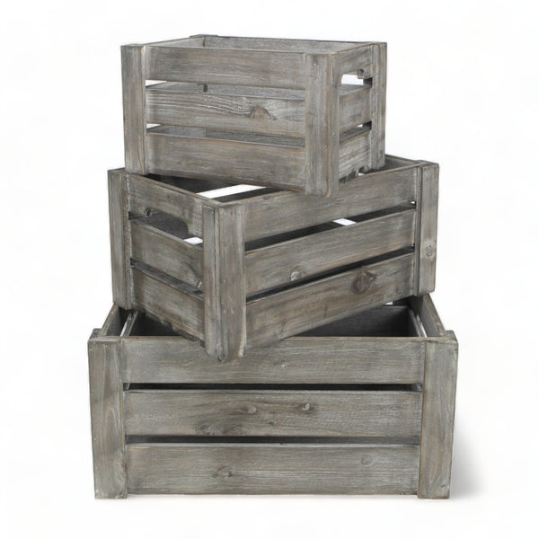 HomeRoots Set of Three Gray Solid Wood and Metal Crates for Stylish Organization in Any Room or Space 487690