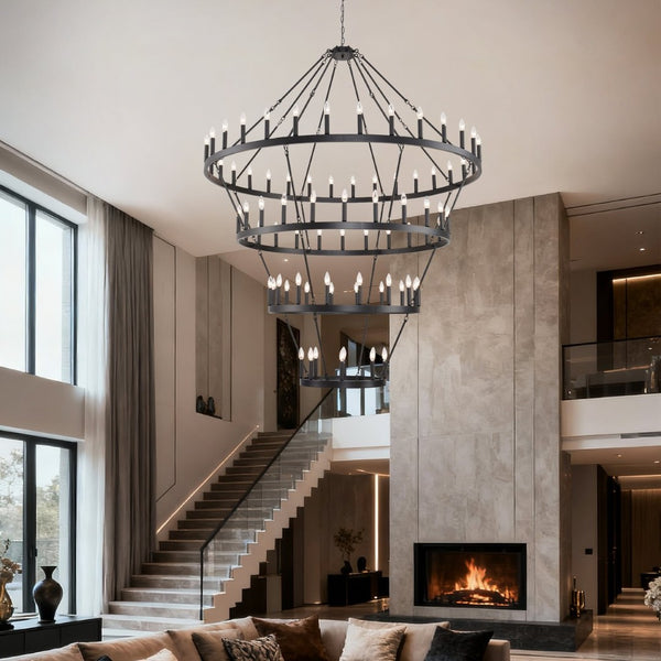 English Elm 69.3 Inch Four Tier Wagon Wheel Chandelier Matte Black Metal 80 Light Farmhouse Foyer W5008P392692