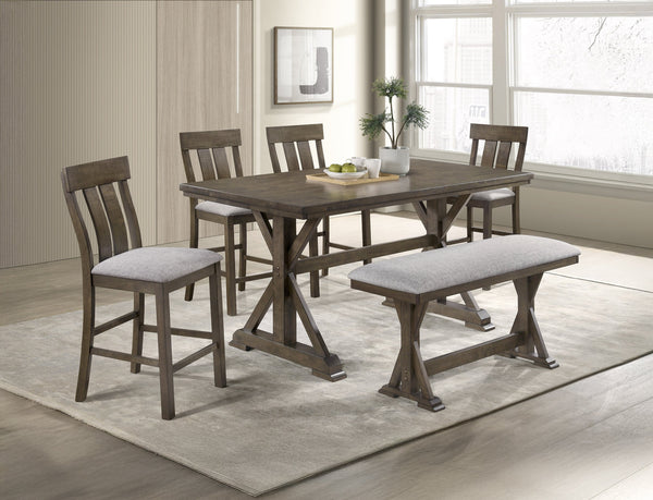 English Elm 6pc Counter Height Dining Set Rustic Farmhouse Trestle Table with Upholstered Slat-Back Chairs & Bench B2741S00531