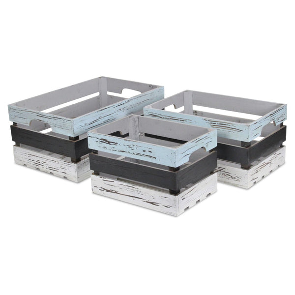 HomeRoots Set of Three Stylish Solid Wood Crates in Black, Light Blue & Off-White for Chic Storage Solutions 487705