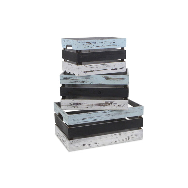 HomeRoots Set of Three Stylish Solid Wood Crates in Black, Light Blue & Off-White for Chic Storage Solutions 487705