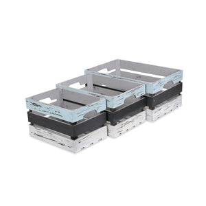 HomeRoots Set of Three Stylish Solid Wood Crates in Black, Light Blue & Off-White for Chic Storage Solutions 487705