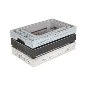 HomeRoots Set of Three Stylish Solid Wood Crates in Black, Light Blue & Off-White for Chic Storage Solutions 487705