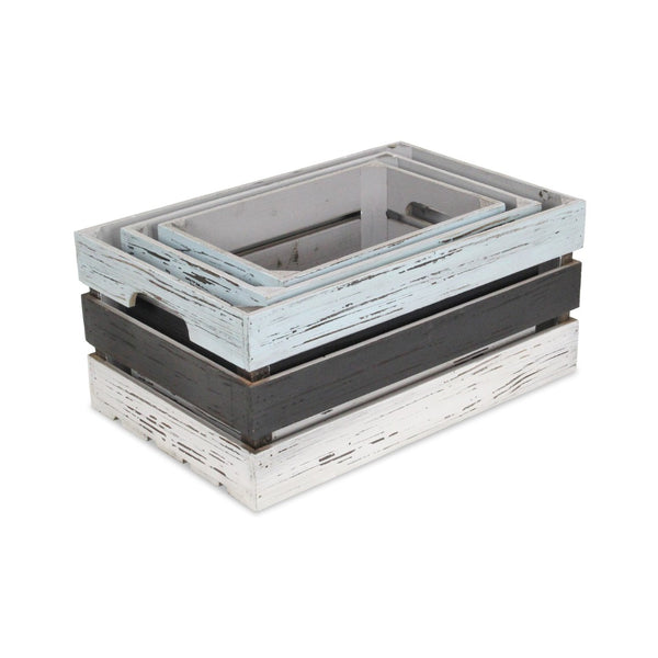 HomeRoots Set of Three Stylish Solid Wood Crates in Black, Light Blue & Off-White for Chic Storage Solutions 487705