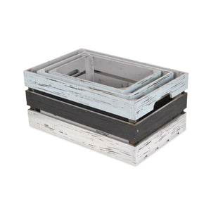 HomeRoots Set of Three Stylish Solid Wood Crates in Black, Light Blue & Off-White for Chic Storage Solutions 487705