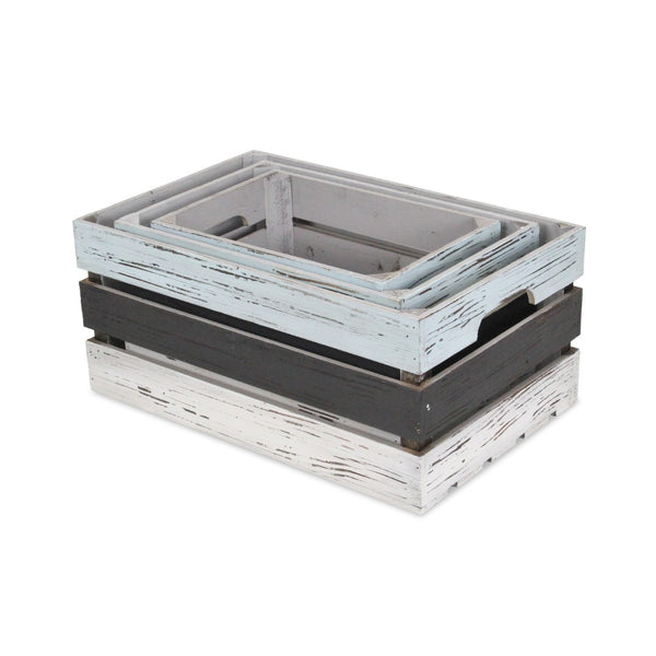 HomeRoots Set of Three Stylish Solid Wood Crates in Black, Light Blue & Off-White for Chic Storage Solutions 487705