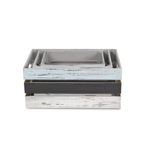 HomeRoots Set of Three Stylish Solid Wood Crates in Black, Light Blue & Off-White for Chic Storage Solutions 487705