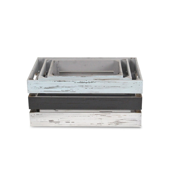 HomeRoots Set of Three Stylish Solid Wood Crates in Black, Light Blue & Off-White for Chic Storage Solutions 487705