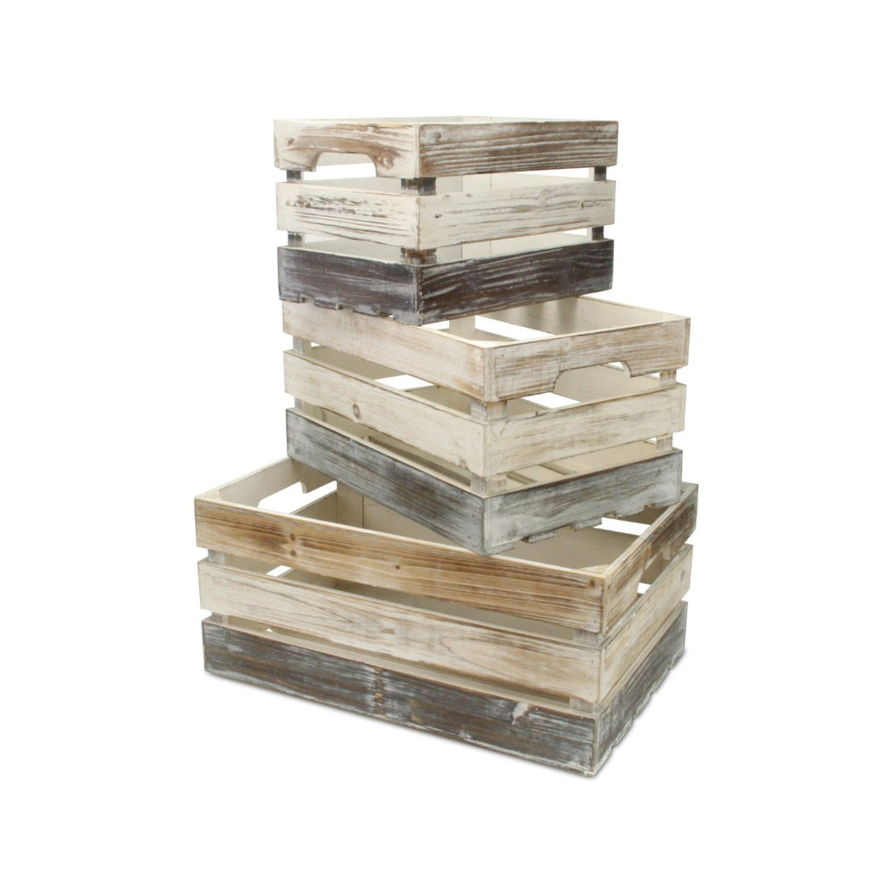 HomeRoots Set of Three Stylish Solid Wood Crates in Black, Off-White & Walnut for Versatile Home Storage 487706