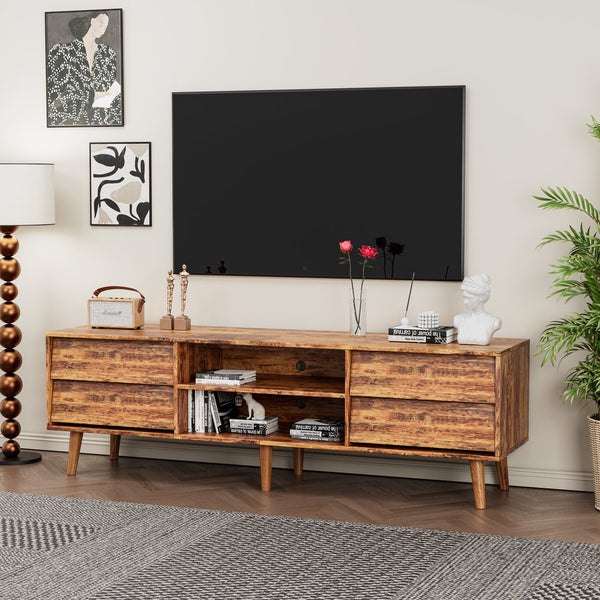 English Elm 63 Vintage Bevel TV Stand 63-inch Media Console with Drawers and Open Shelves, Rustic Artful Design Brown W578P193297