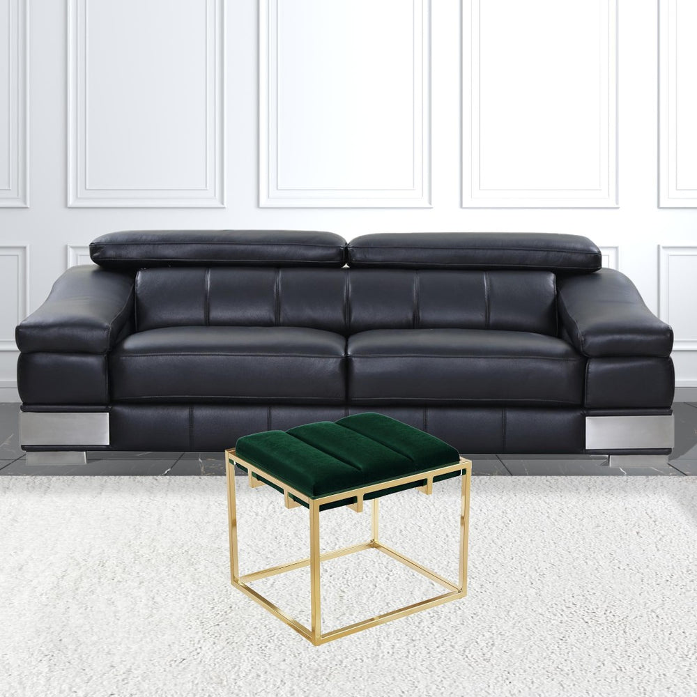 HomeRoots 17" Velvet Ottoman with Chic Metal Base - Modern Multi-Use Accent Piece for Living Room & Bedroom Green/Gold 487732