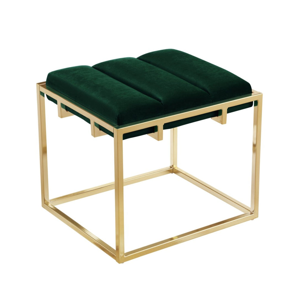 HomeRoots 17" Velvet Ottoman with Chic Metal Base - Modern Multi-Use Accent Piece for Living Room & Bedroom Green/Gold 487732