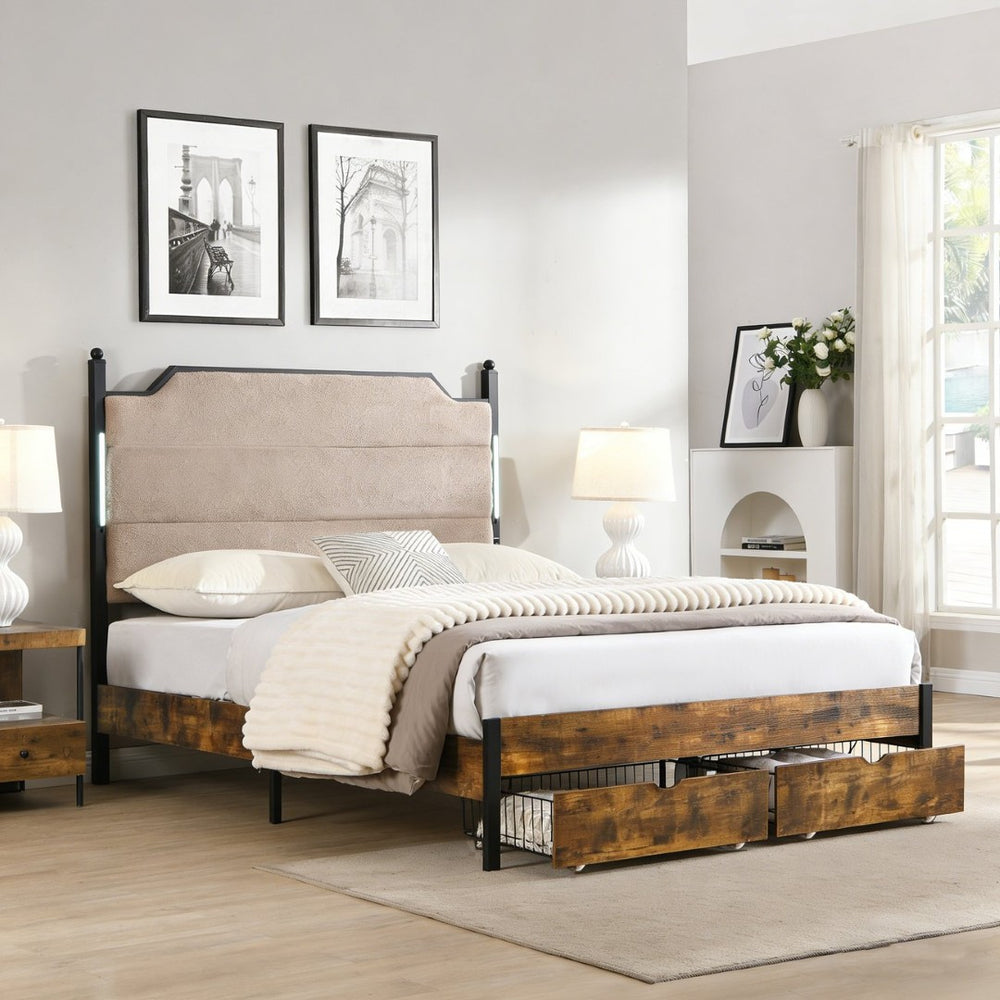 English Elm Queen Upholstered Storage Bed Lamb Fleece Headboard Led Lighting Two Drawers Included W311S00065