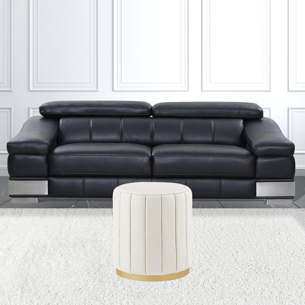 Homeroots 16" White Faux Leather And Gold Round Ottoman White,Gold,Leather Pu  487742