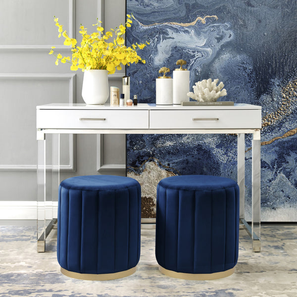 Homeroots 16" Navy Blue Velvet And Gold Round Ottoman Navy,Gold,Velvet  487745