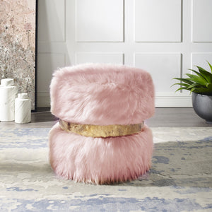 Homeroots 18" Blush Faux Fur Round Ottoman Blush,Gold  487746