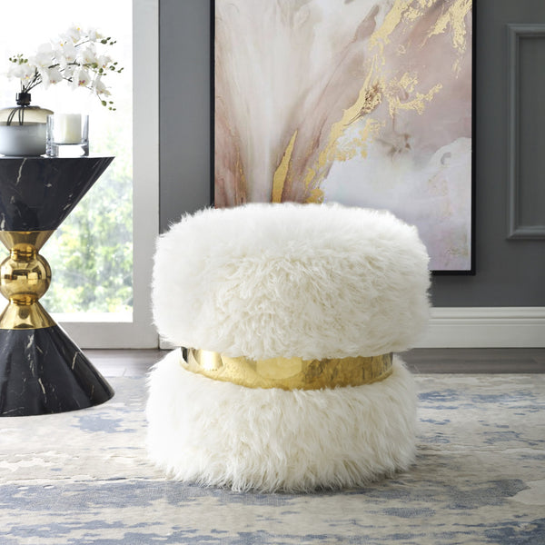 Homeroots 18" Cream Faux Fur Round Ottoman Cream White,Gold  487747