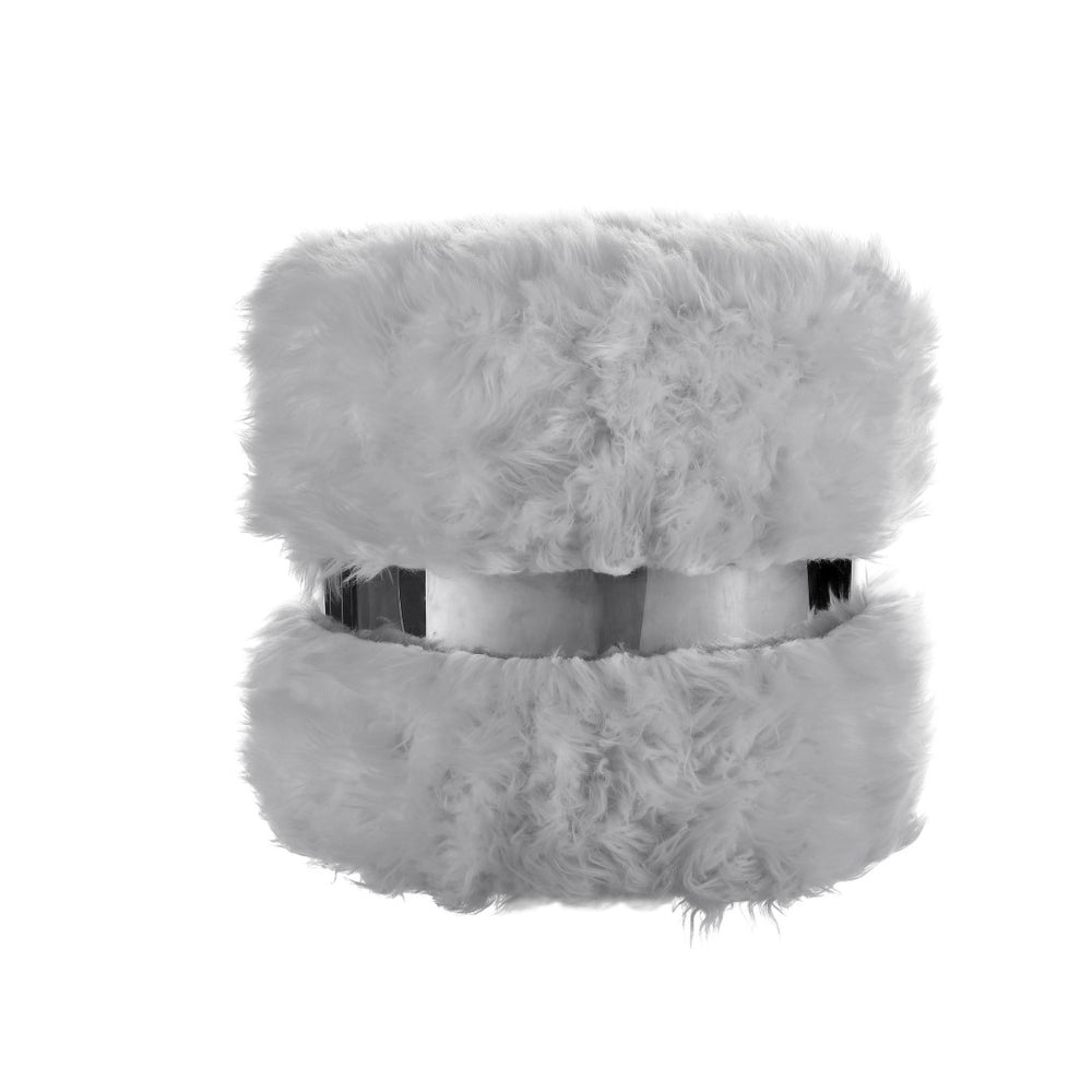 HomeRoots 18" Plush Faux Fur Round Ottoman - Stylish Accent for Modern Living Rooms, Bedrooms & More Grey/Silver 487748