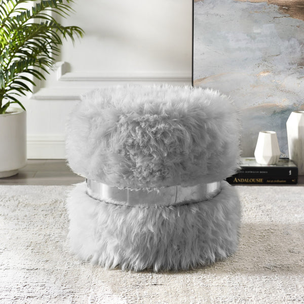 Homeroots 18" Gray Faux Fur Round Ottoman Grey,Silver  487748