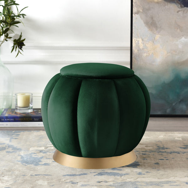 Homeroots 20" Hunter Green Velvet And Gold Round Ottoman Hunter Green,Gold  487751
