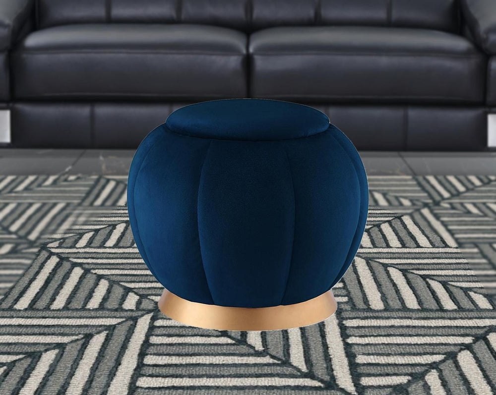 HomeRoots 20" Velvet Round Ottoman with Modern Metal Base - Stylish & Functional Seating for Any Room Navy/Gold 487752