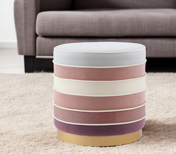 Homeroots 18" Blush Velvet And Gold Round Striped Ottoman Blush  487754