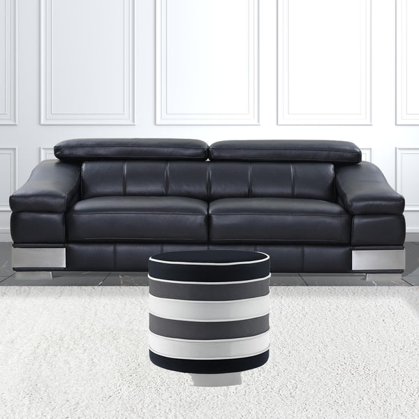 Homeroots 18" Black Velvet And Silver Round Striped Ottoman Black  487755