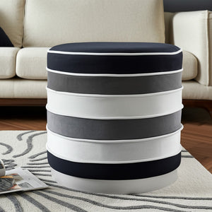 HomeRoots 18" Chic Round Velvet Ottoman with Gold Frame - Modern Striped Design for Stylish Seating and Décor Black 487755
