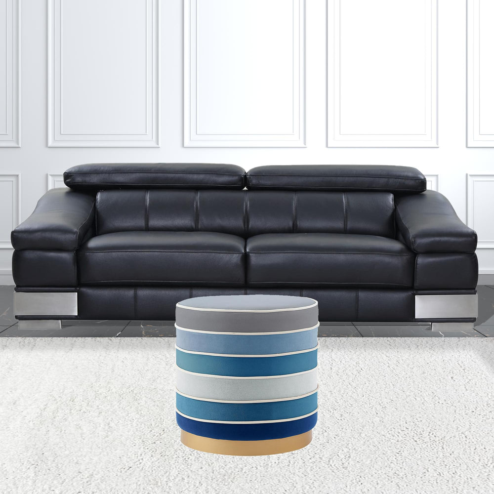 Homeroots 18" Blue Velvet And Gold Round Striped Ottoman Navy  487756