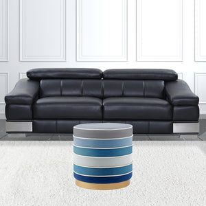 Homeroots 18" Blue Velvet And Gold Round Striped Ottoman Navy  487756