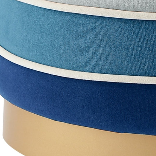 Homeroots 18" Blue Velvet And Gold Round Striped Ottoman Navy  487756