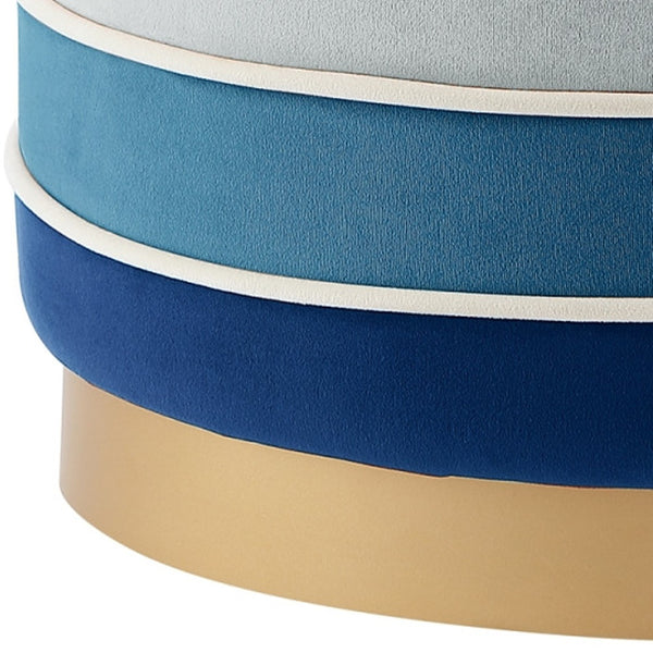 Homeroots 18" Blue Velvet And Gold Round Striped Ottoman Navy  487756