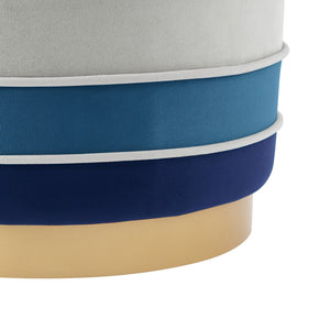 Homeroots 18" Blue Velvet And Gold Round Striped Ottoman Navy  487756