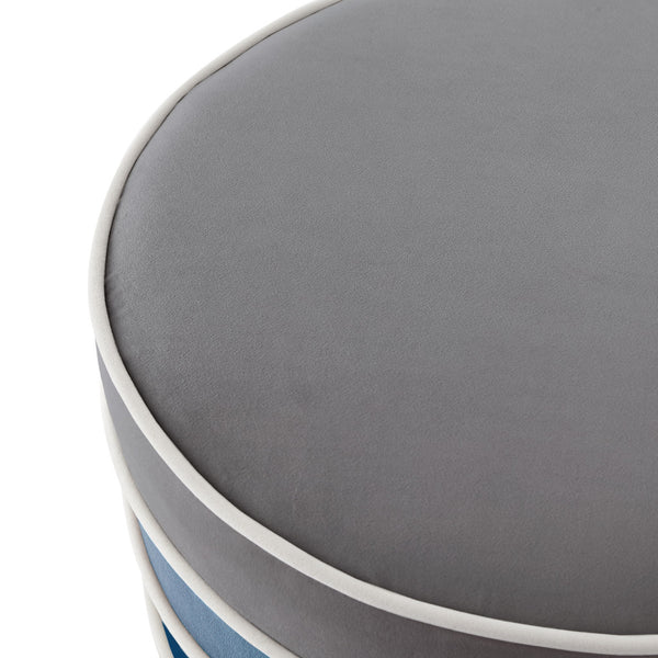 Homeroots 18" Blue Velvet And Gold Round Striped Ottoman Navy  487756