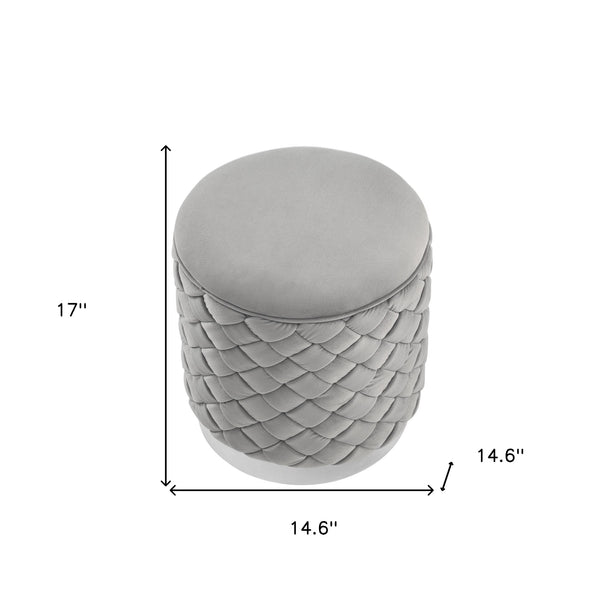 Homeroots 15" Gray Velvet And Silver Round Ottoman Grey,Chrome  487759