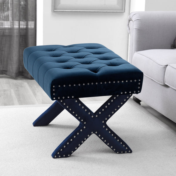 Homeroots 20" Navy Blue Velvet Tufted Ottoman Navy,Velvet  487763