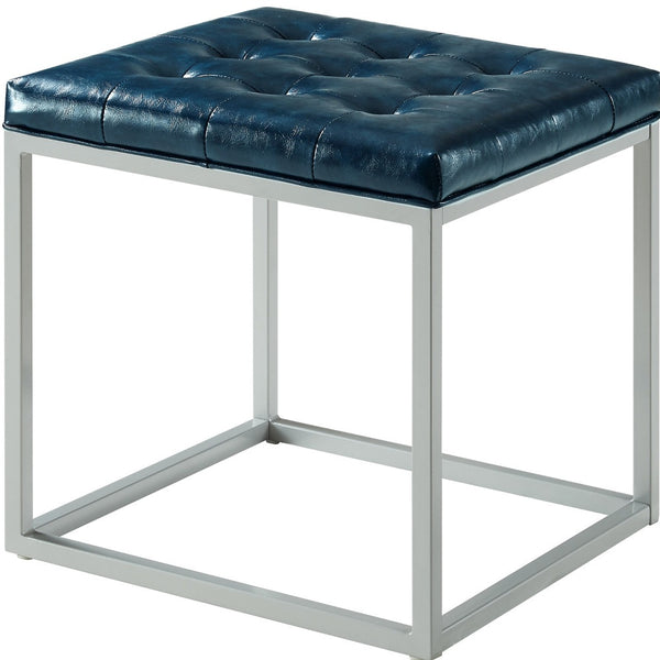 Homeroots 18" Blue Faux Leather And Gray Cube Ottoman Blue  487770