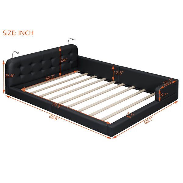 English Elm Queen PU Leather Upholstered Platform Bed with Built-In Dual Reading Lights and Sturdy 600lb Capacity Black SF000186AAB