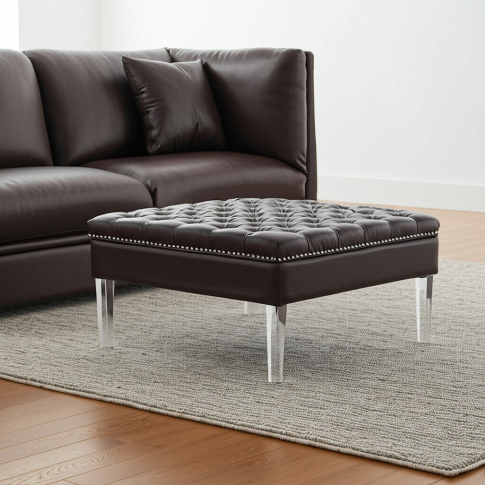 HomeRoots 35" Faux Leather Cocktail Ottoman with Clear Acrylic Frame – Modern, Multi-Functional Accent Piece Espresso 487783