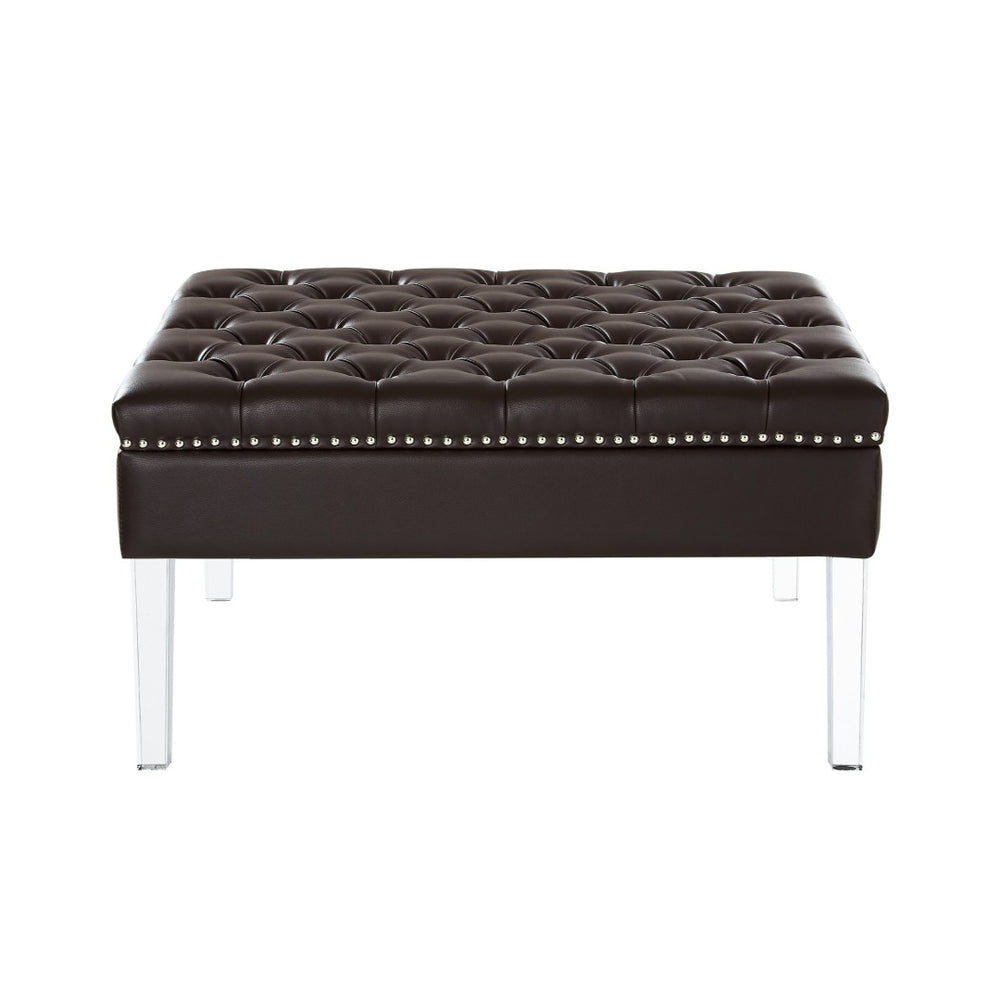 HomeRoots 35" Faux Leather Cocktail Ottoman with Clear Acrylic Frame – Modern, Multi-Functional Accent Piece Espresso 487783