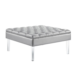 Homeroots 35" Silver Faux Leather And Clear Tufted Cocktail Ottoman Silver  487784