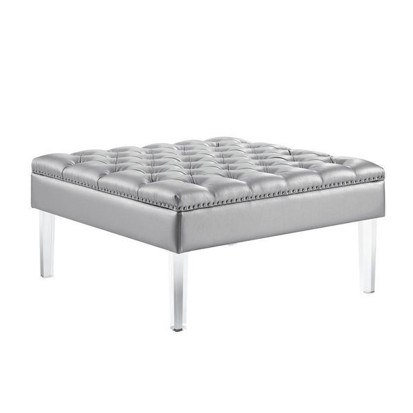 Homeroots 35" Silver Faux Leather And Clear Tufted Cocktail Ottoman Silver  487784